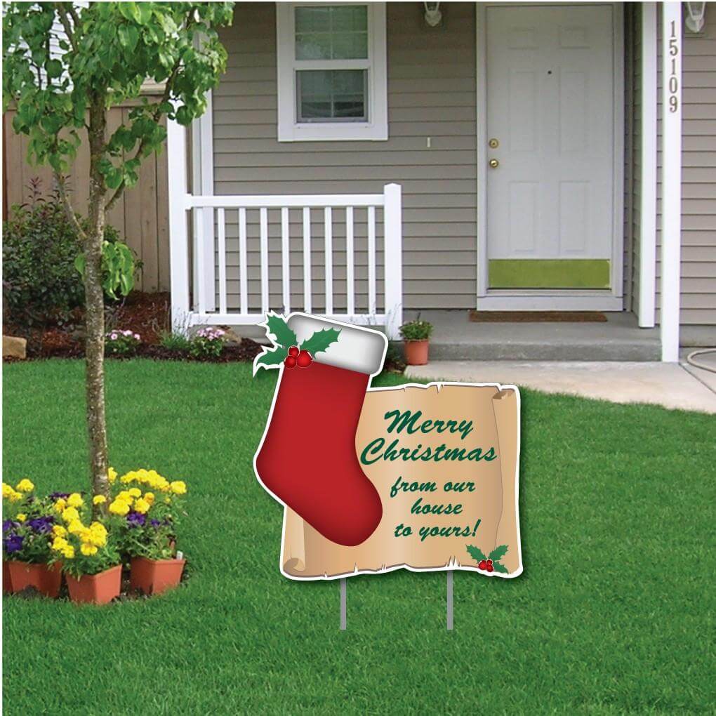 Christmas Stocking & Scroll Message Yard Sign | Pair of EZ Stakes Included