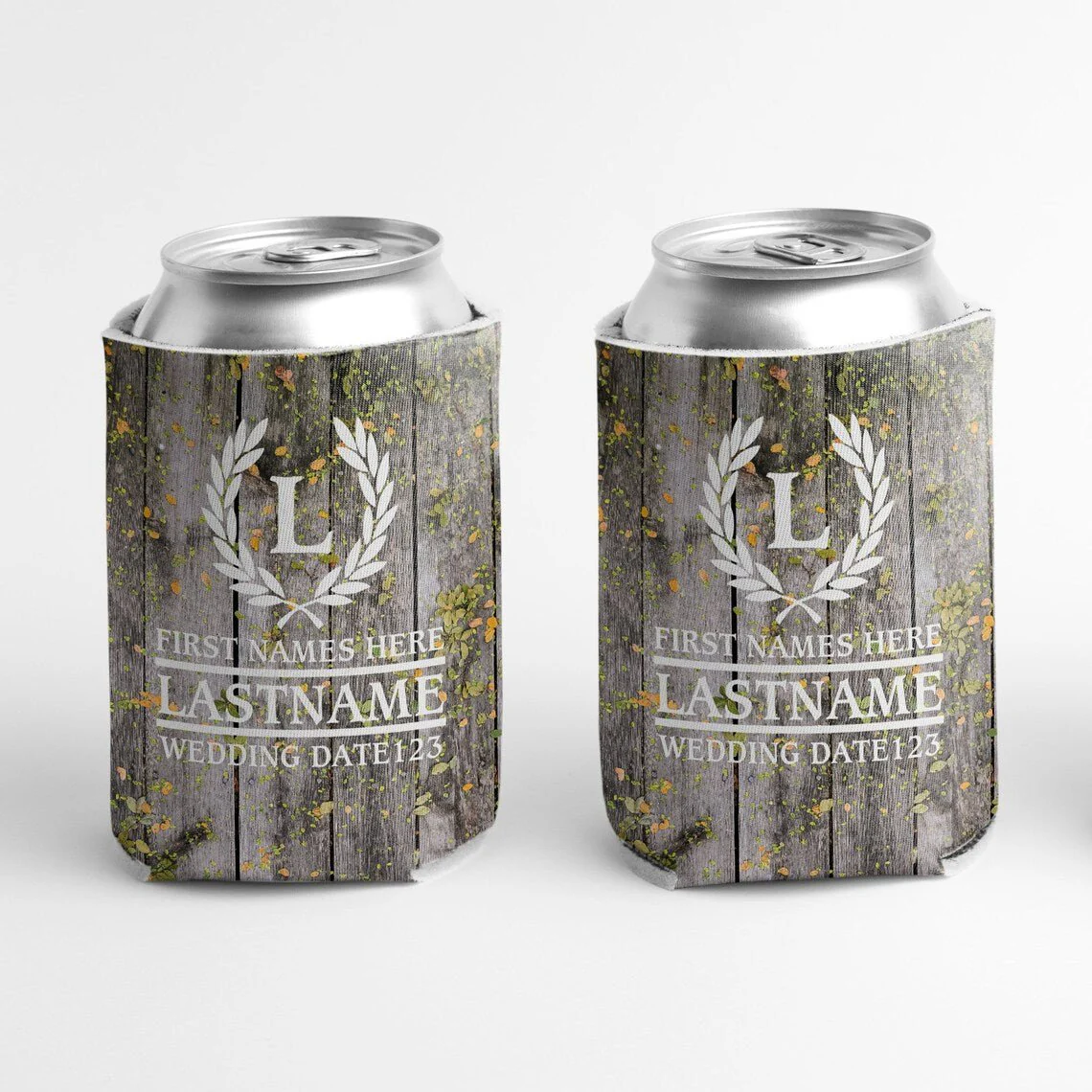 Personalized Laurel And Initial Wedding Can Coolers - Image 3