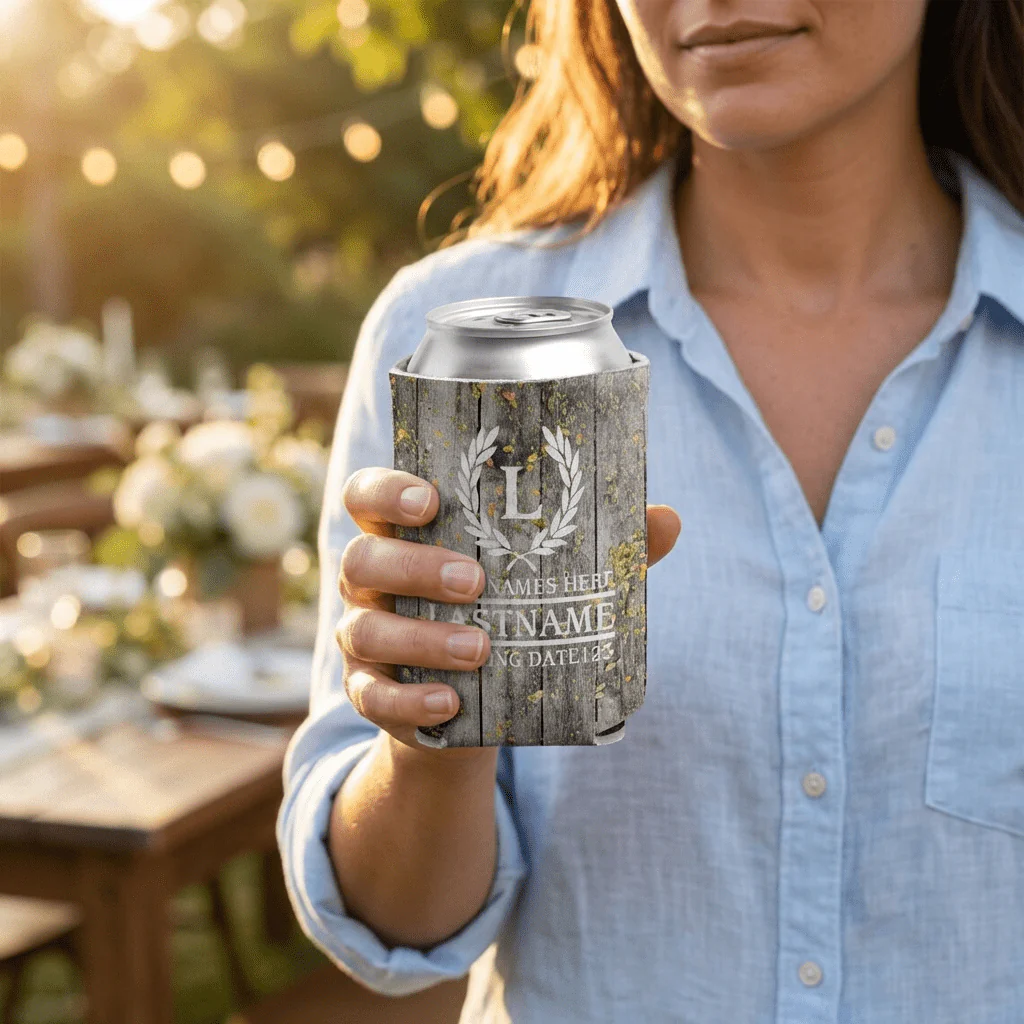 Personalized Laurel And Initial Wedding Can Coolers - Image 4