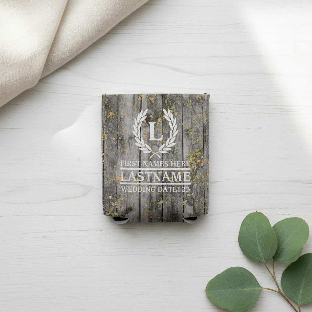 Personalized Laurel And Initial Wedding Can Coolers - Image 6