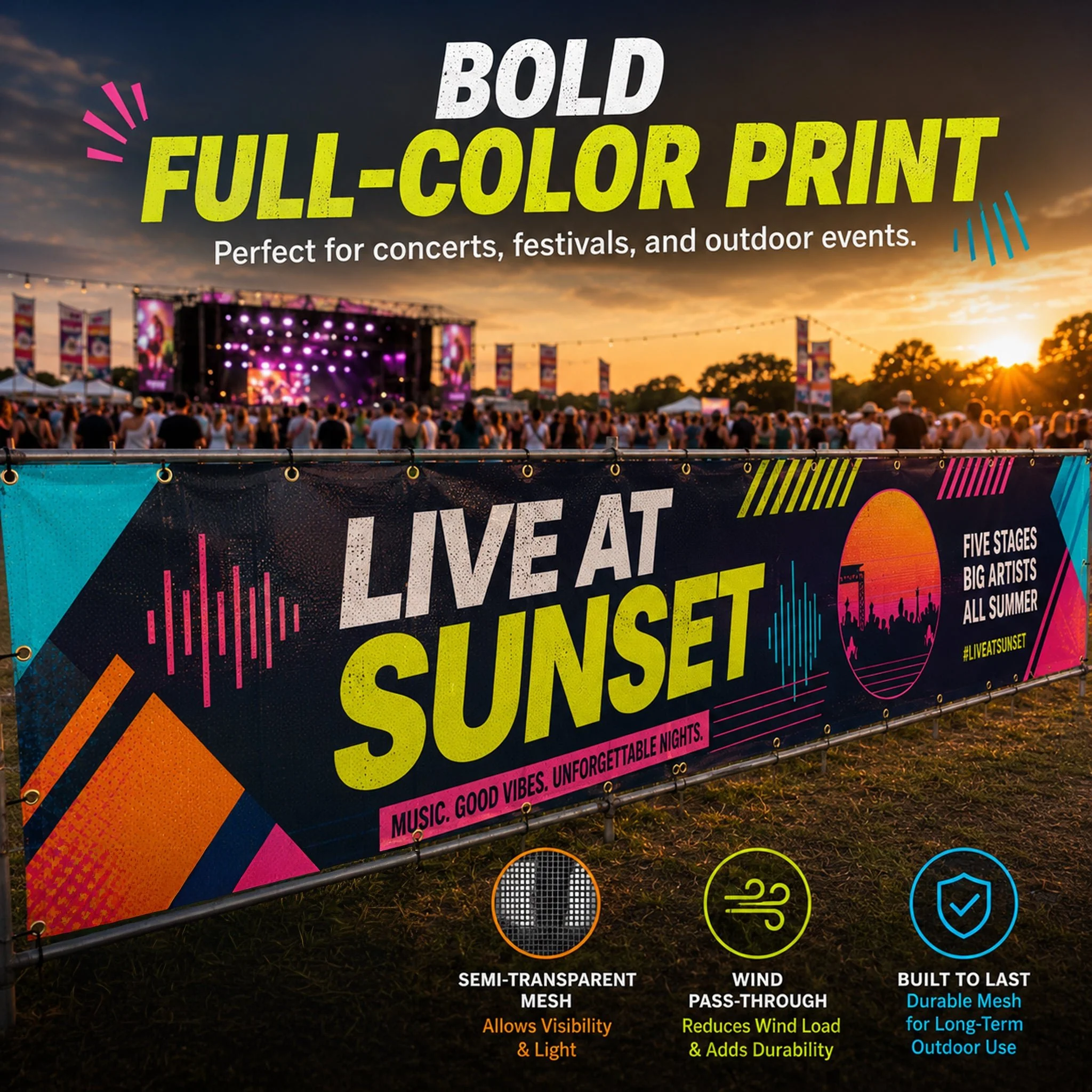 Custom Mesh Fence Banner for Concerts, Festivals & Events – Personalized Outdoor Wind-Permeable Fence Wrap - Image 2