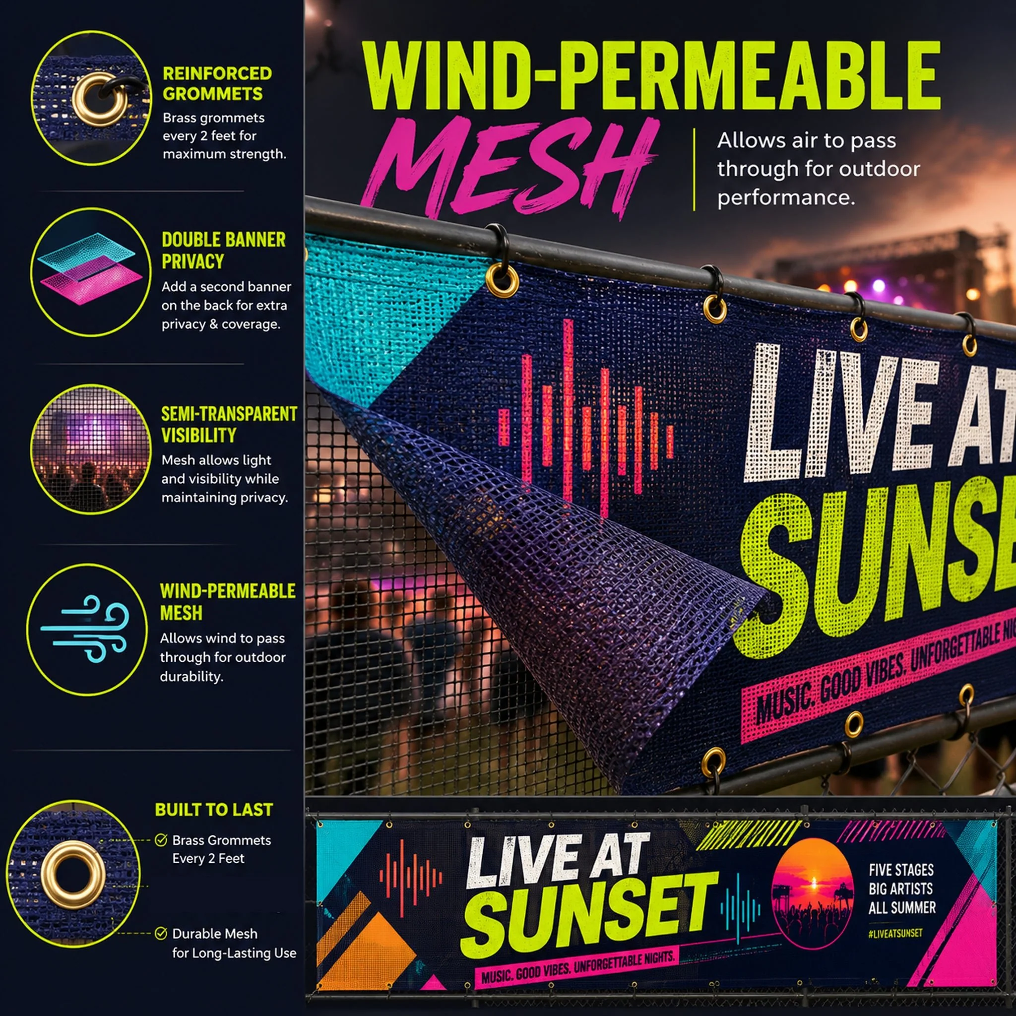 Custom Mesh Fence Banner for Concerts, Festivals & Events – Personalized Outdoor Wind-Permeable Fence Wrap - Image 3