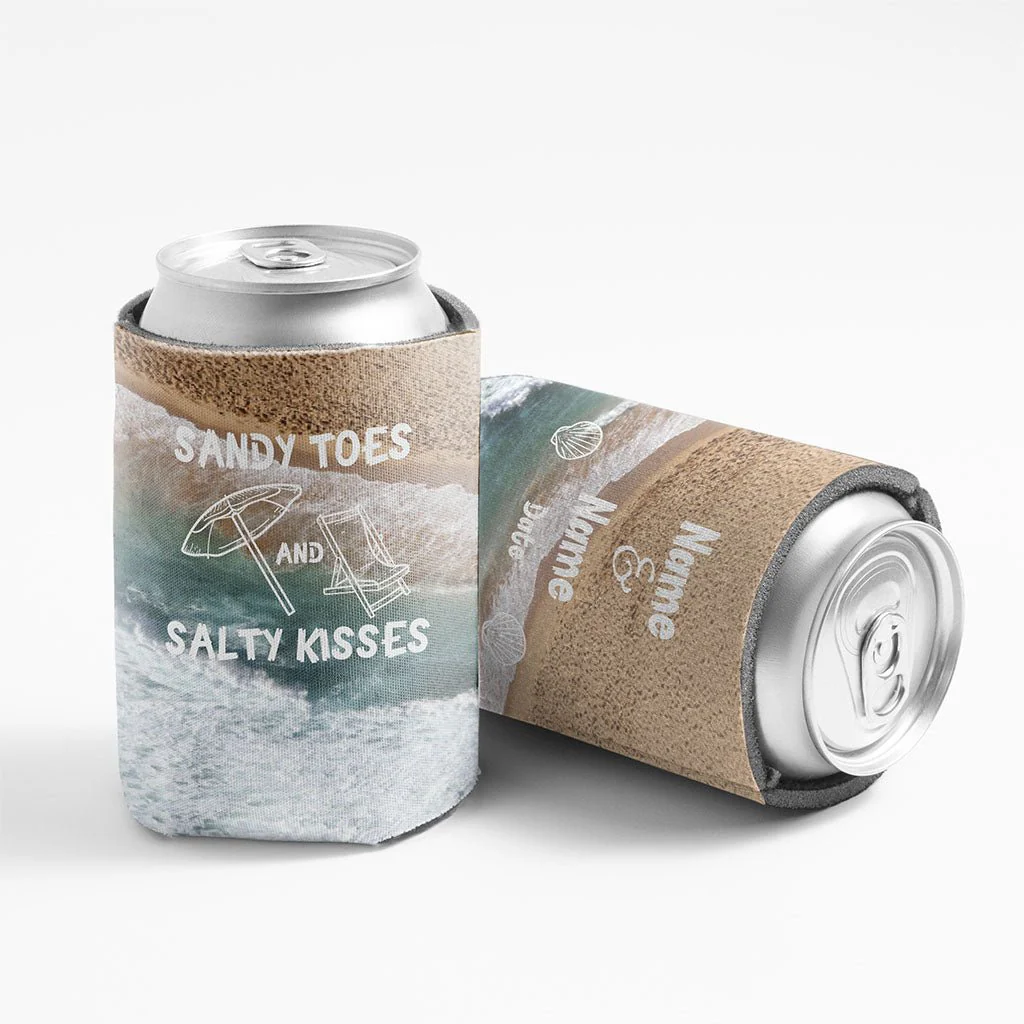 Personalized Sandy Toes And Salty Kisses Wedding Can Cooler