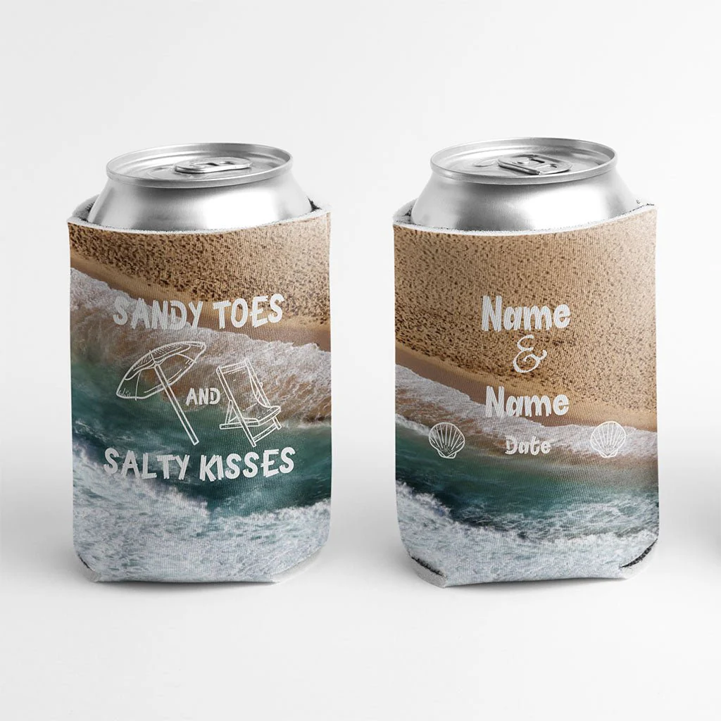 Personalized Sandy Toes And Salty Kisses Wedding Can Cooler - Image 2