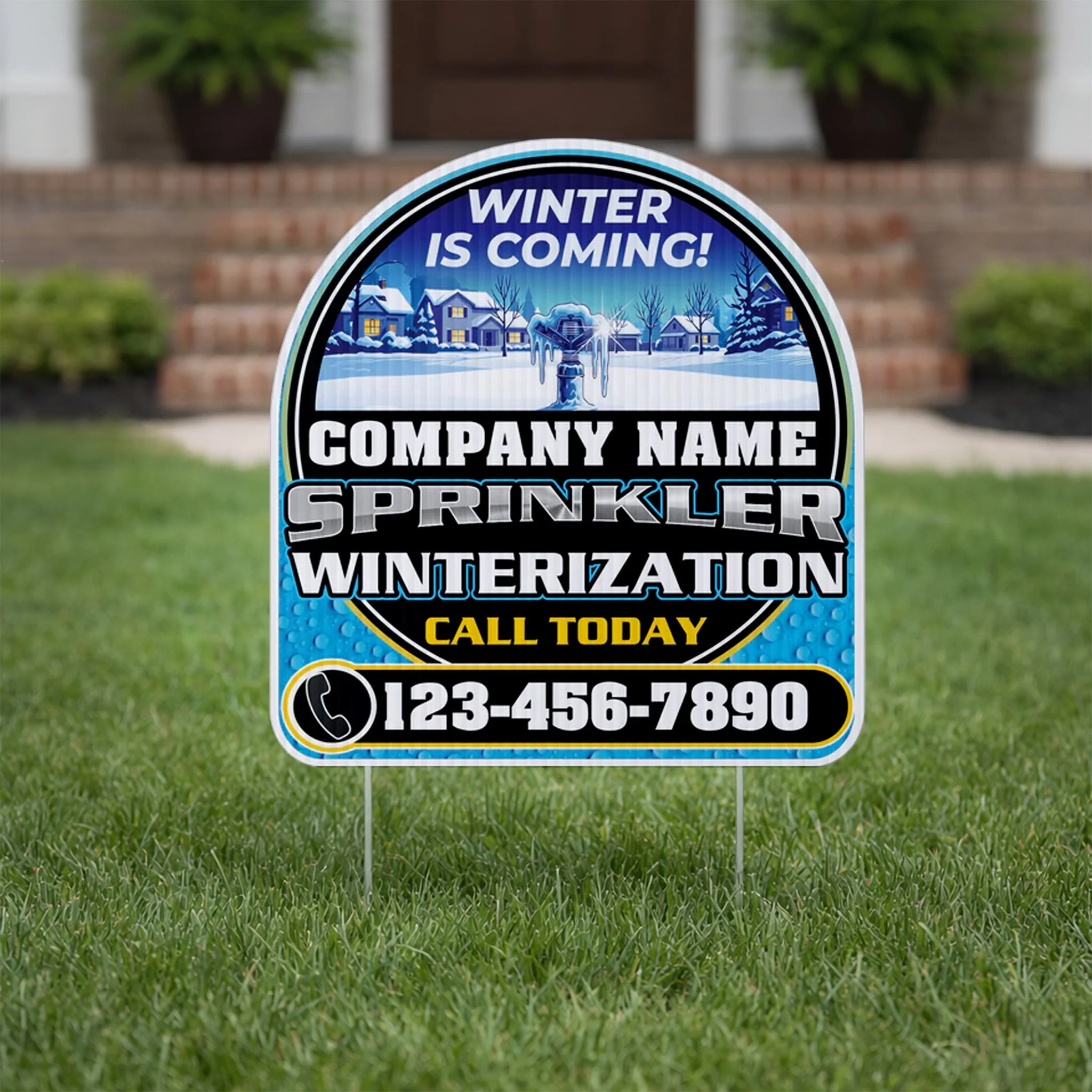 Custom Sprinkler Winterization Yard Signs | 10-Pack | 20 EZ Stakes Included