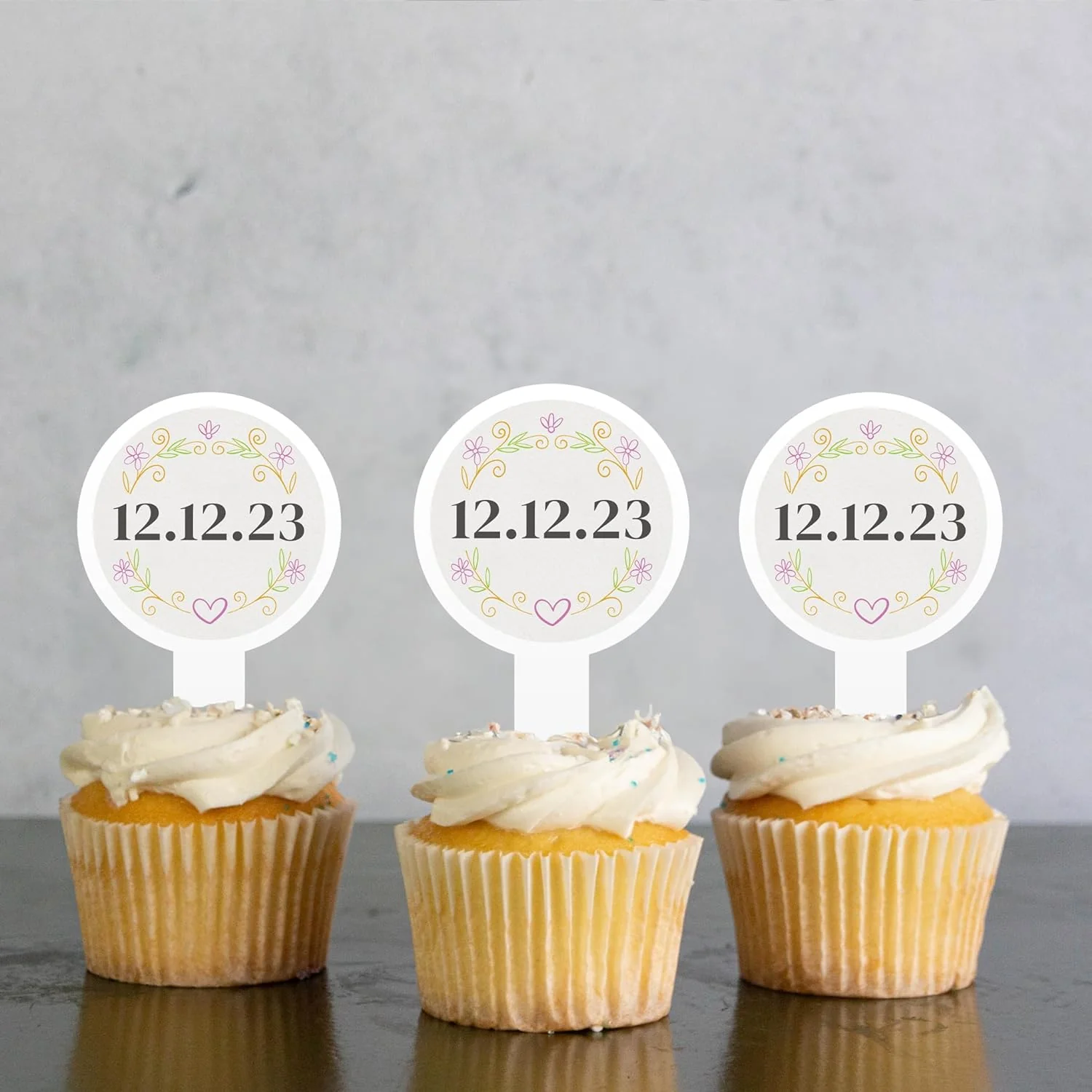 Personalized Floral Wedding Date Cupcake Toppers - Image 2