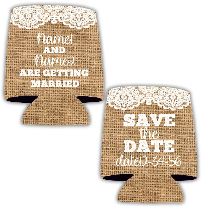 Rustic Themed Save the Date Custom Wedding Can Cooler - Image 2