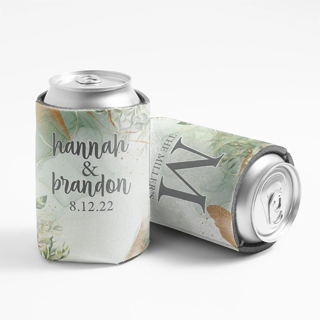 Elegant Green Watercolor Custom Wedding Can Cooler