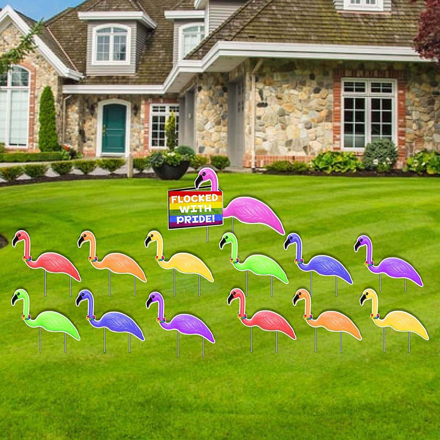 Flocked with Pride Gay Pride Rainbow Flamingos - Set of 13