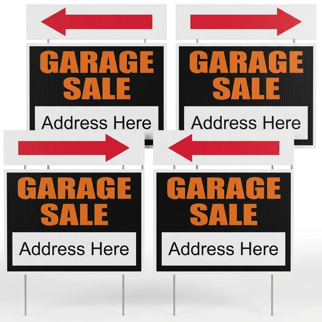 Garage Sale Sign Kit 4-Pack – 18x24 Inch Yard Signs with Directional Arrow Riders & Stakes, 2-Sided Weatherproof Corrugated Plastic