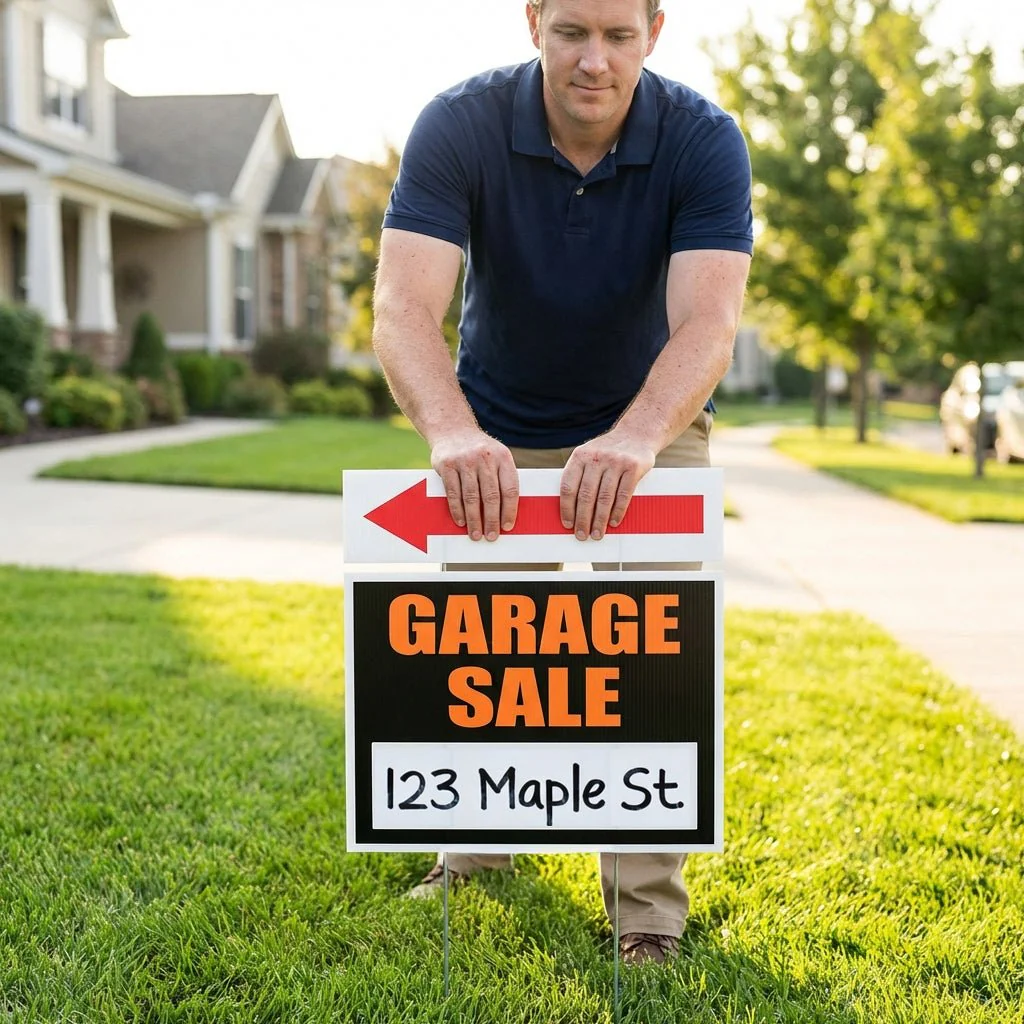 Garage Sale Sign Kit 4-Pack – 18x24 Inch Yard Signs with Directional Arrow Riders & Stakes, 2-Sided Weatherproof Corrugated Plastic - Image 3