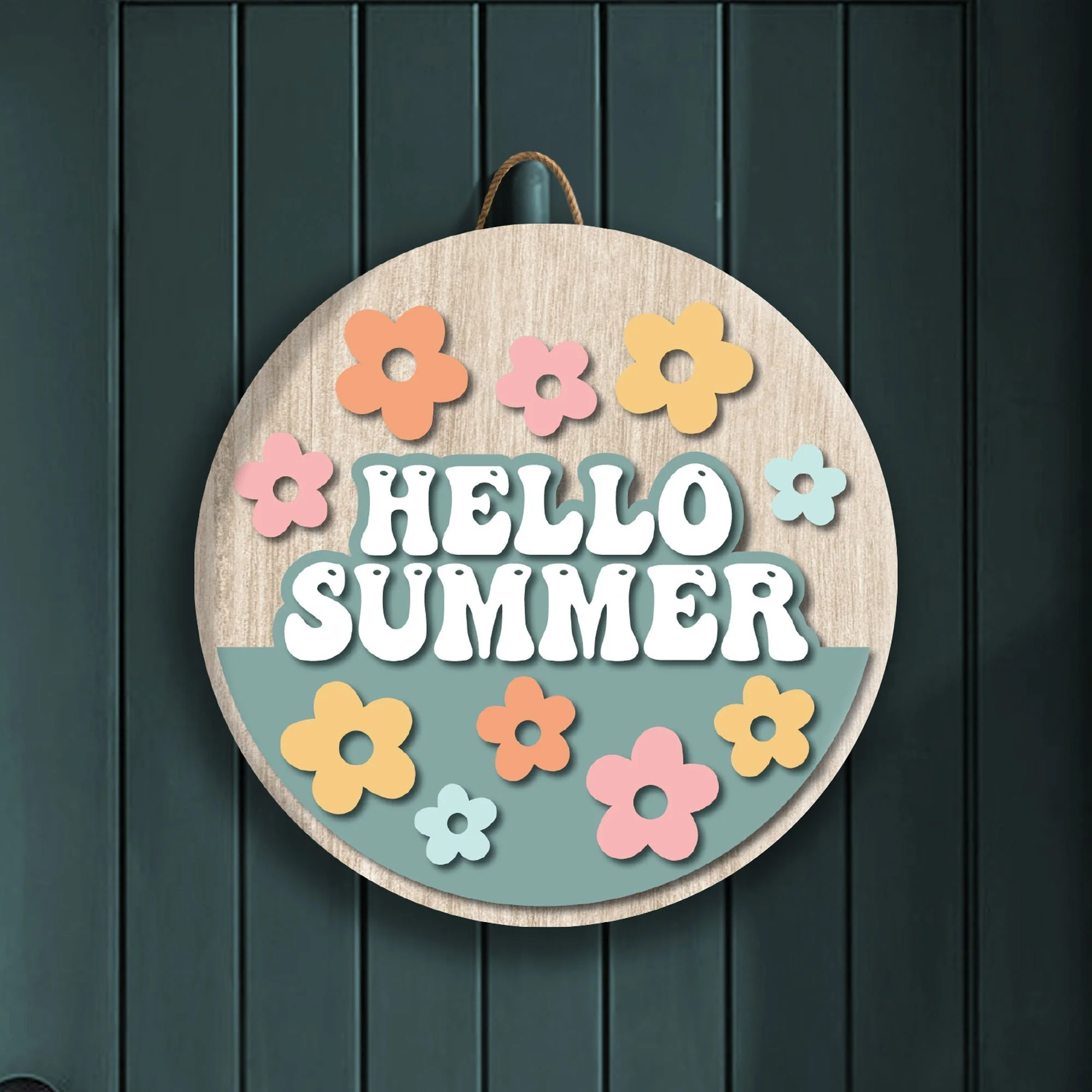 Hello Summer Front Door Decor – 15.75" Round Hanging Sign | UV-Printed, Durable Fiberboard