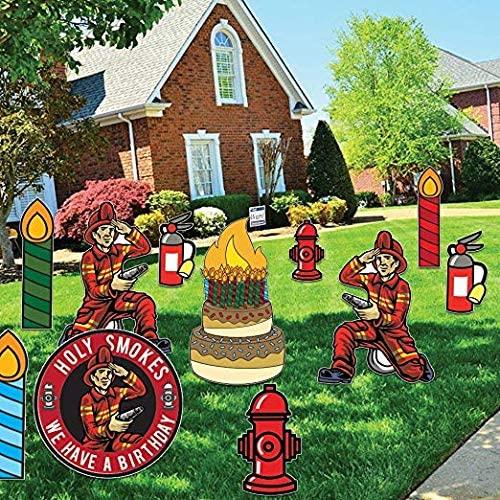 Firefighter Birthday Yard Signs – 11-Piece Fireman Party Lawn Decorations – "Holy Smokes We Have a Birthday" – Includes Stakes