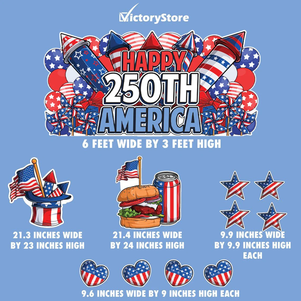 Jumbo Happy 250th America Yard Sign Display: 11pc Patriotic 4th of July Lawn Decor | Oversized EZ Yard Cards - Image 3