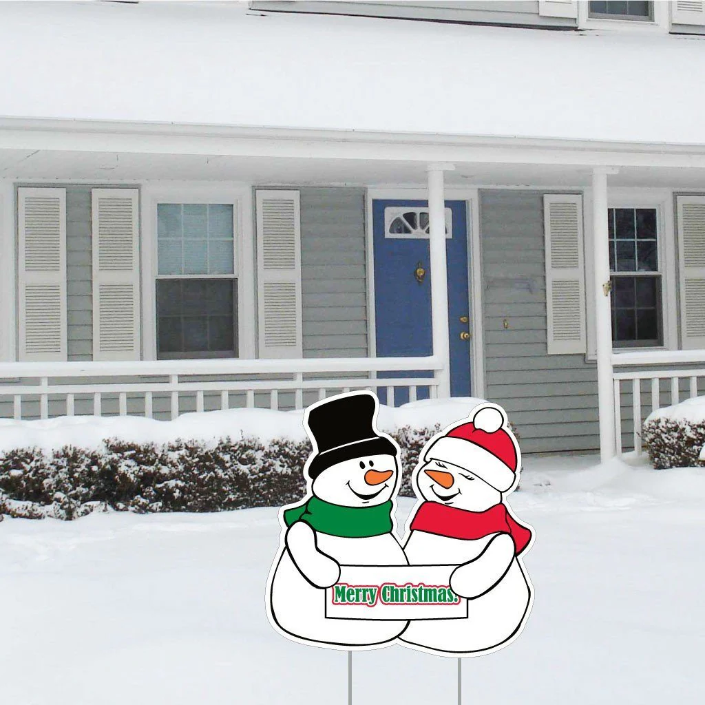 Merry Christmas Snowman Lawn Sign | Pair of EZ Stakes Included