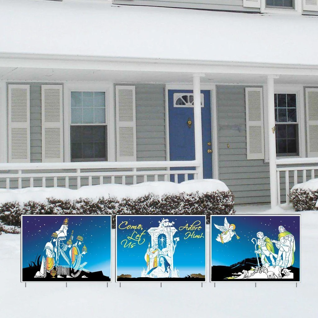 Nativity Christmas Yard Sign Display #4 - 3 Pieces | 9 EZ Stakes Included