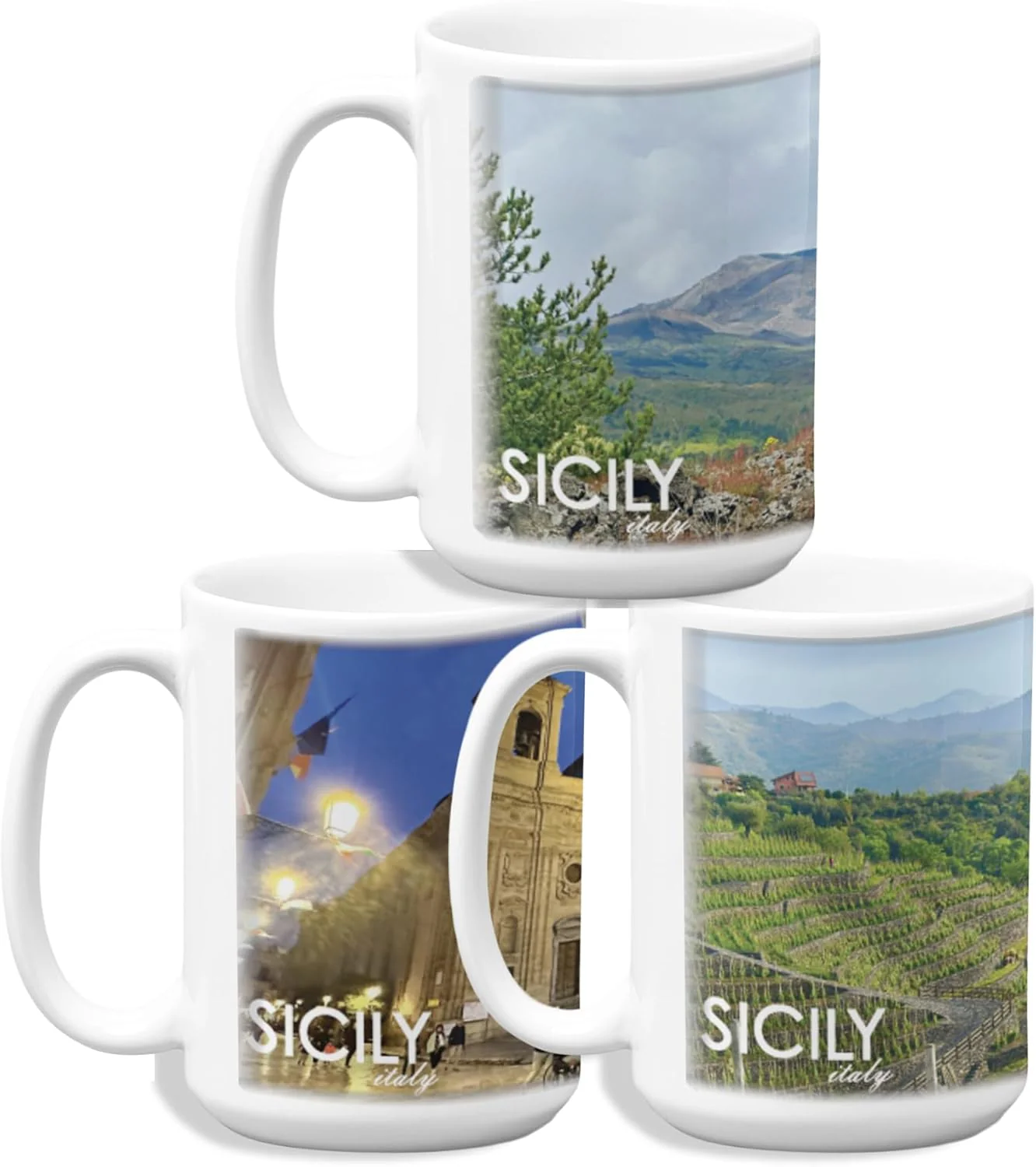 Sicilian Coffee Mug Set – 3-Pack 15oz Ceramic Mugs Featuring Sicily-Themed Designs