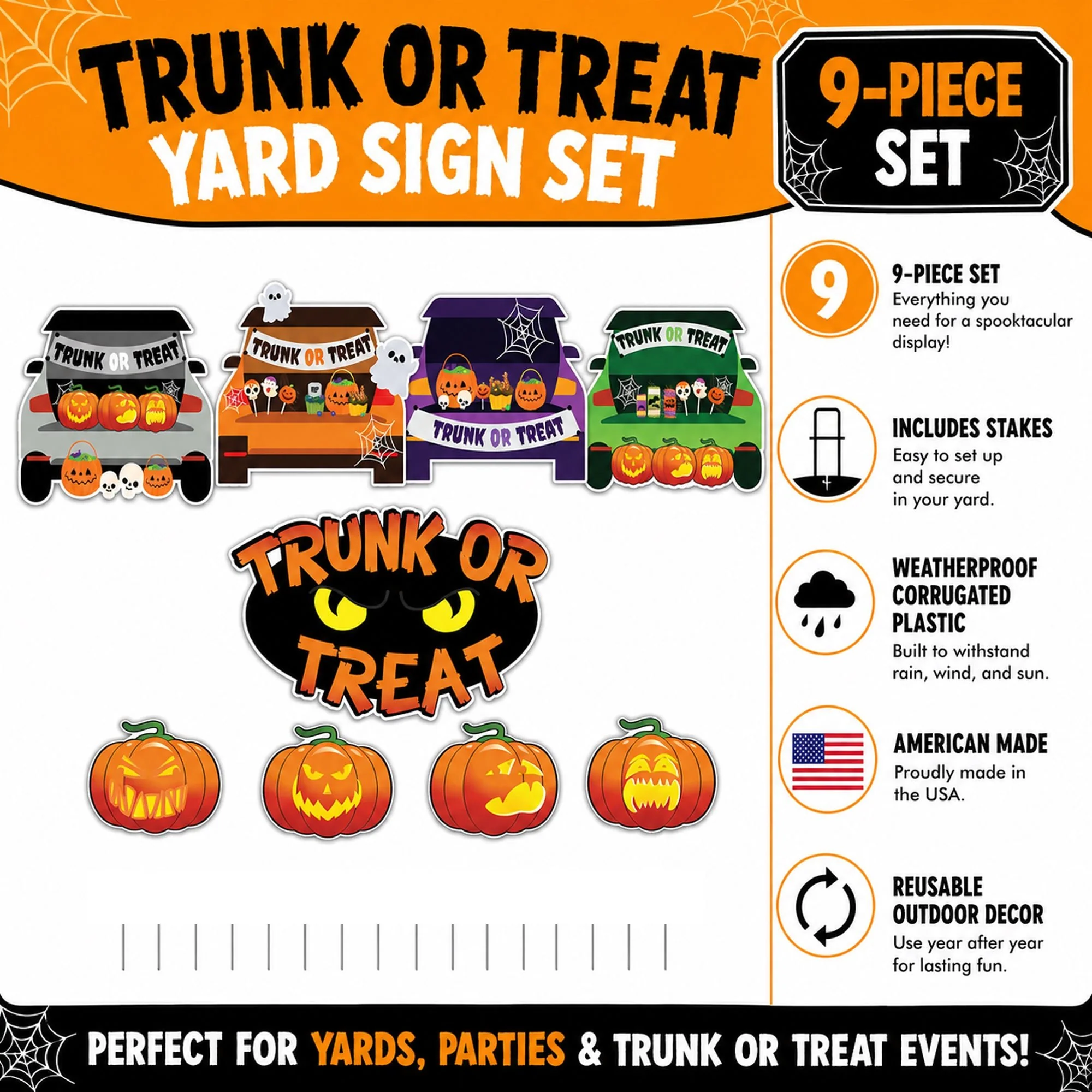 Trunk or Treat Yard Signs, Halloween Yard Decoration 9 Piece Set - Image 4